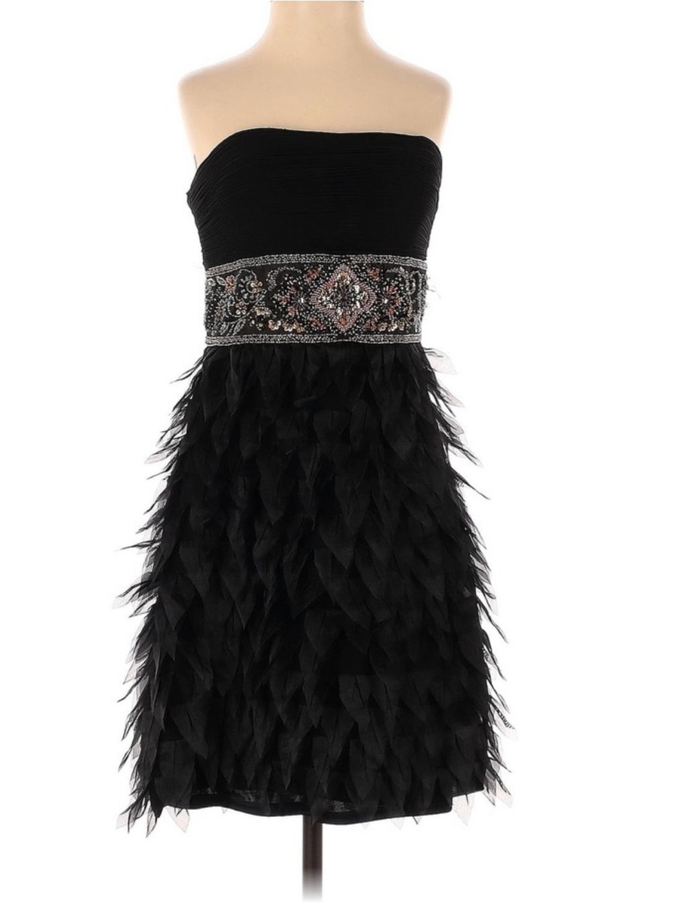 Sue Wong Nocturne Black Beaded Sequin Strapless Pedal Feather Mini Dress Size 10